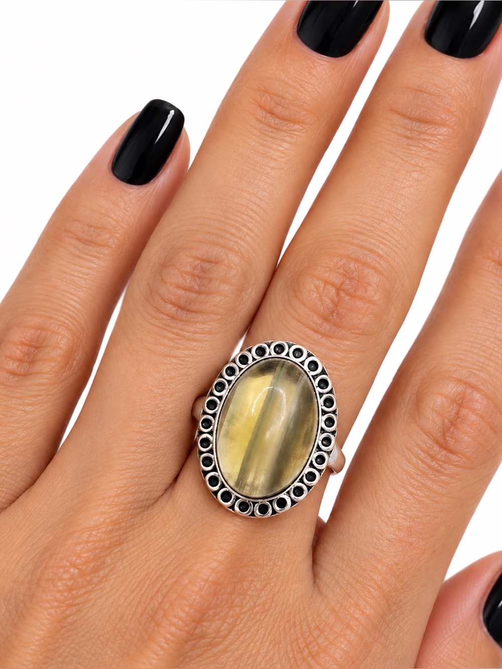 Sterling Silver Fluorite Oval Cabochon Ring Size 8.25